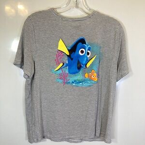 Disney Pixar Dory and Nemo Gray White Mini Stripe Shirt Sz L Short Sleeve